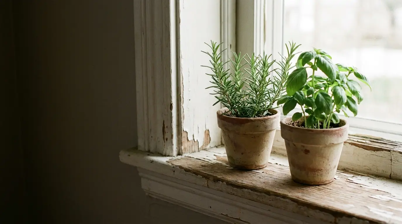 Potted rosemary and basil plants on rustic windowsill in natural light