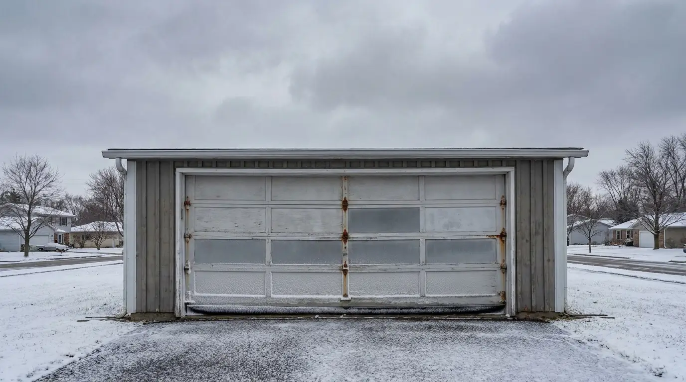 Weathered garage door in snowy suburban neighborhood under cloudy sky
