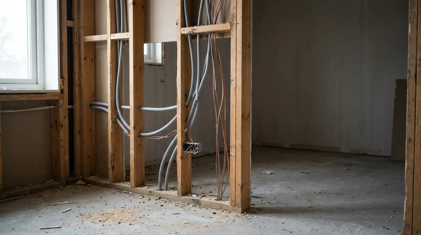 Exposed wooden framing and electrical wiring in unfinished room with concrete floor
