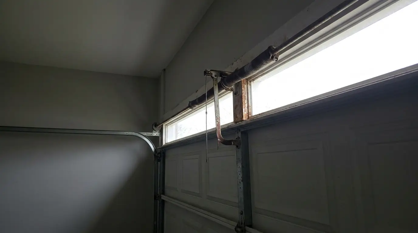 Metal garage door with visible torsion spring mechanism in moody, dimly lit interior setting