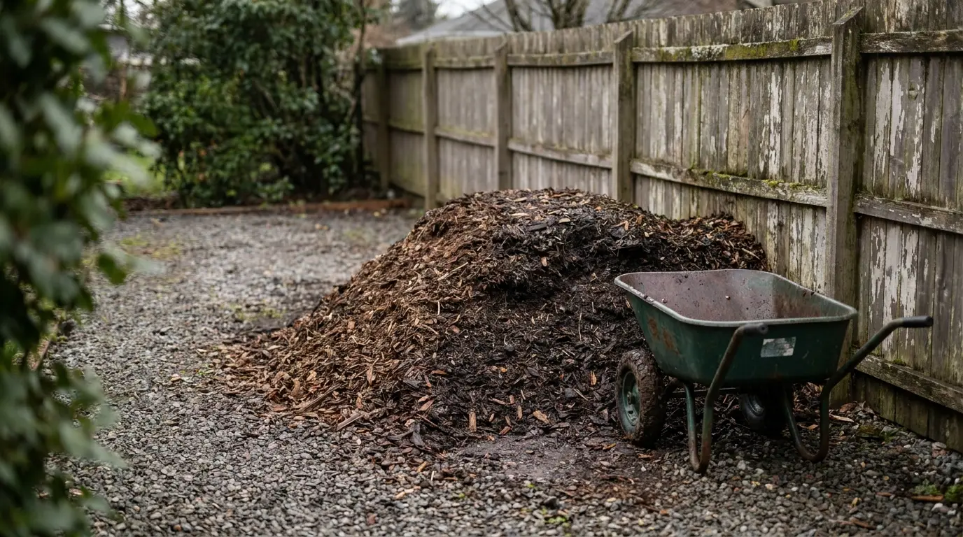 Pile of mulch beside an old wheelbarrow in a gravel backyard setting