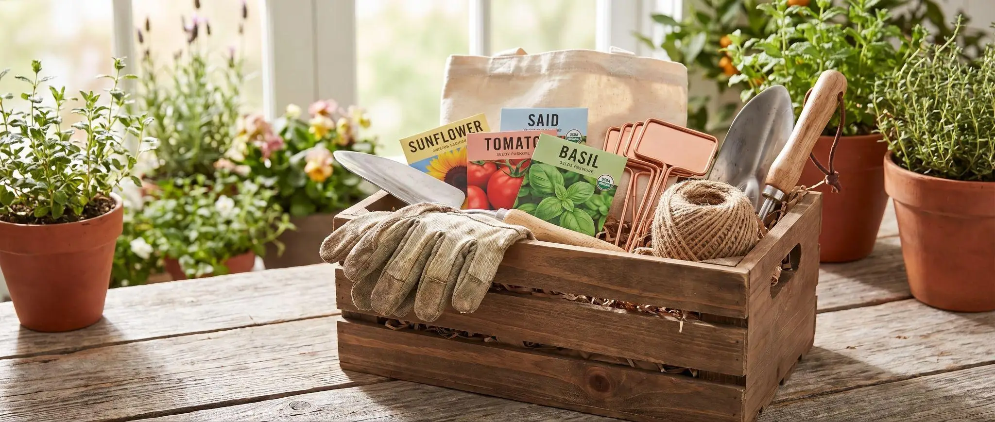 Wooden crate with gardening tools and seed packets on rustic table surrounded by potted plants