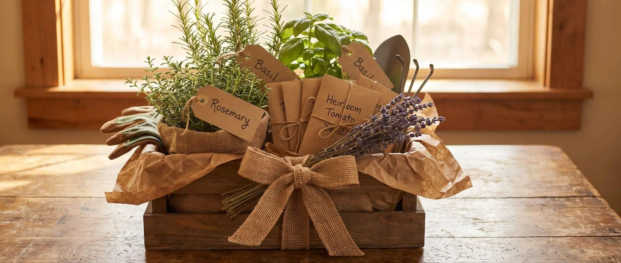 Herb garden gift set with basil, rosemary, and gardening tools on rustic wooden table