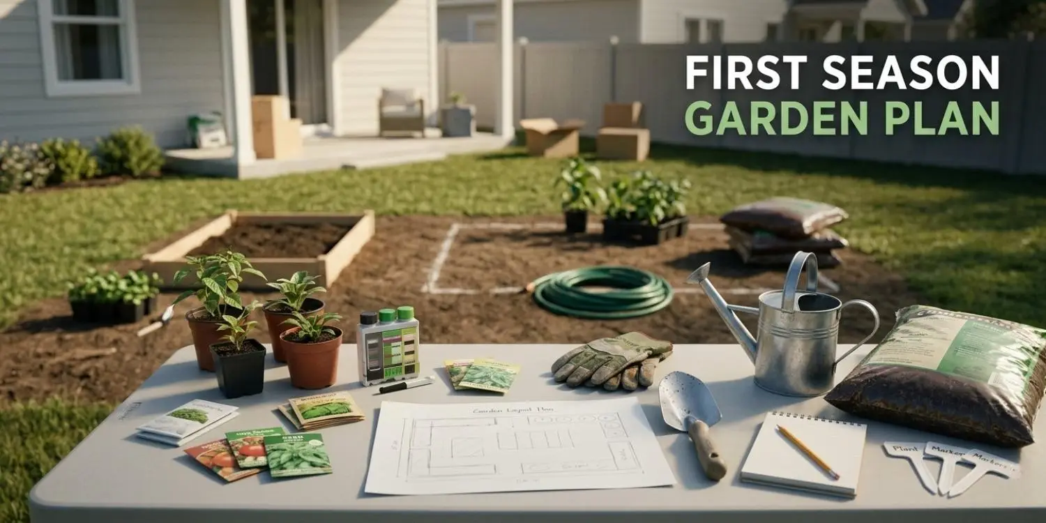 Gardening supplies and seedlings on table in backyard with raised garden bed and hose