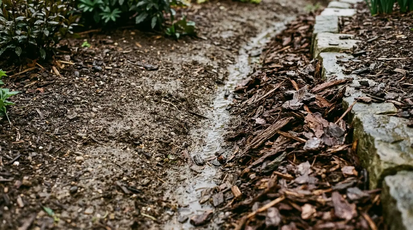 Rainwater flowing along a garden path bordered by stones and bark mulch