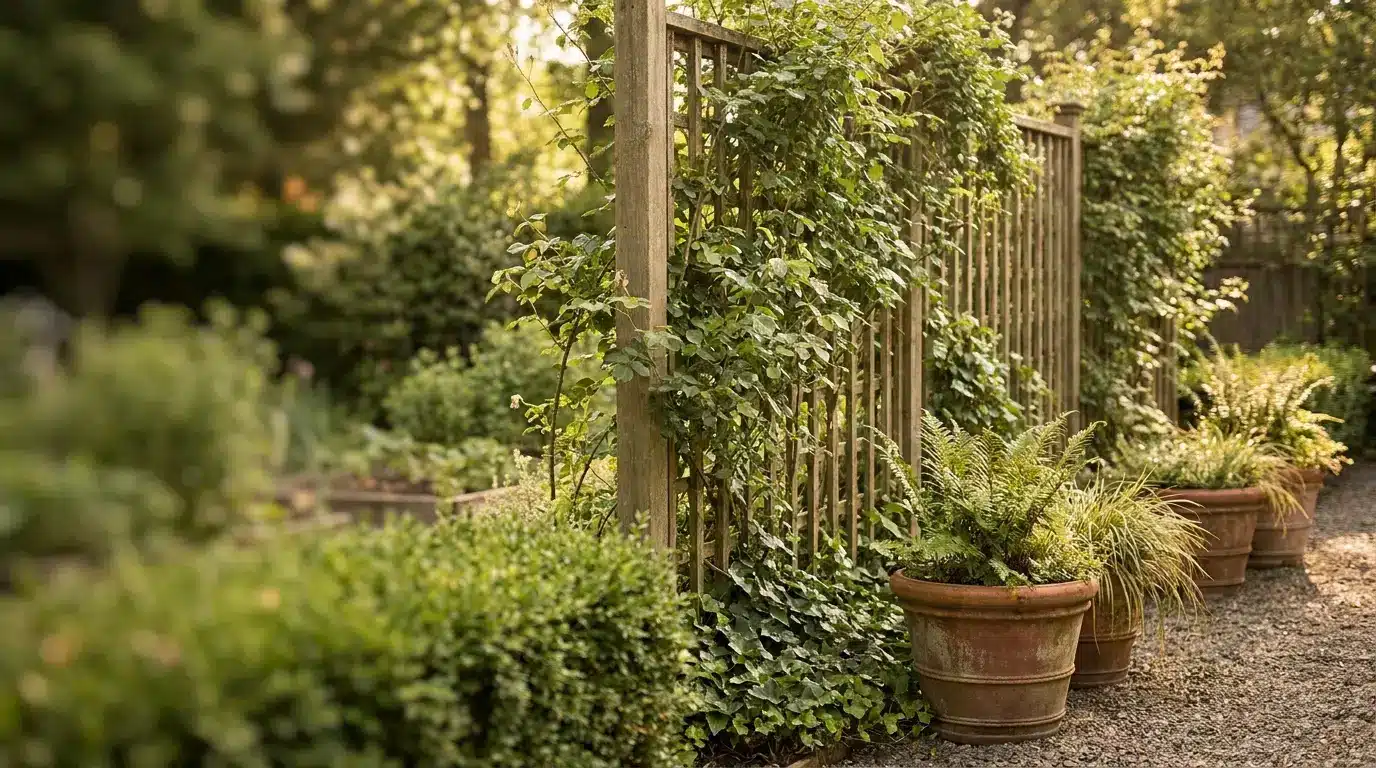 Wooden garden trellis with climbing plants and potted ferns on gravel path in sunny setting