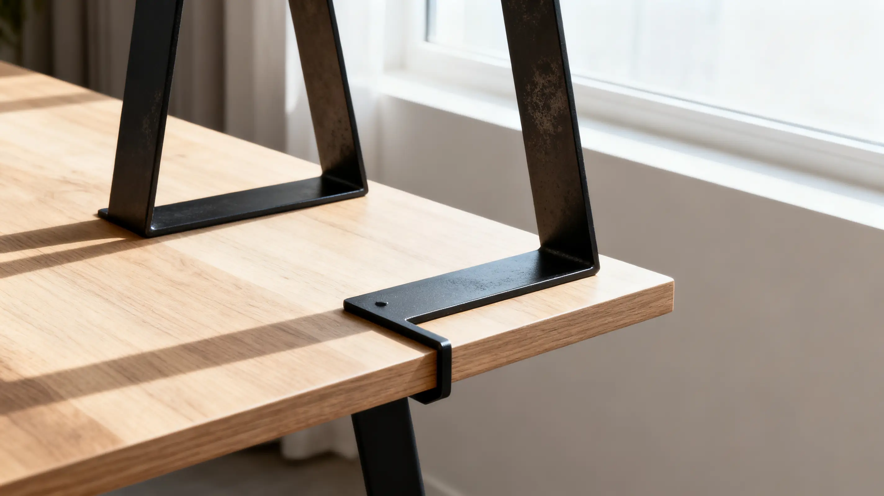 Metal table legs attached to light wood surface in bright room with natural sunlight