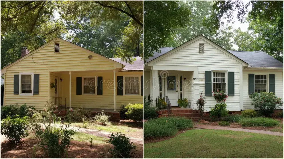 Two side-by-side images of similar bungalow houses in outdoor setting with garden landscaping