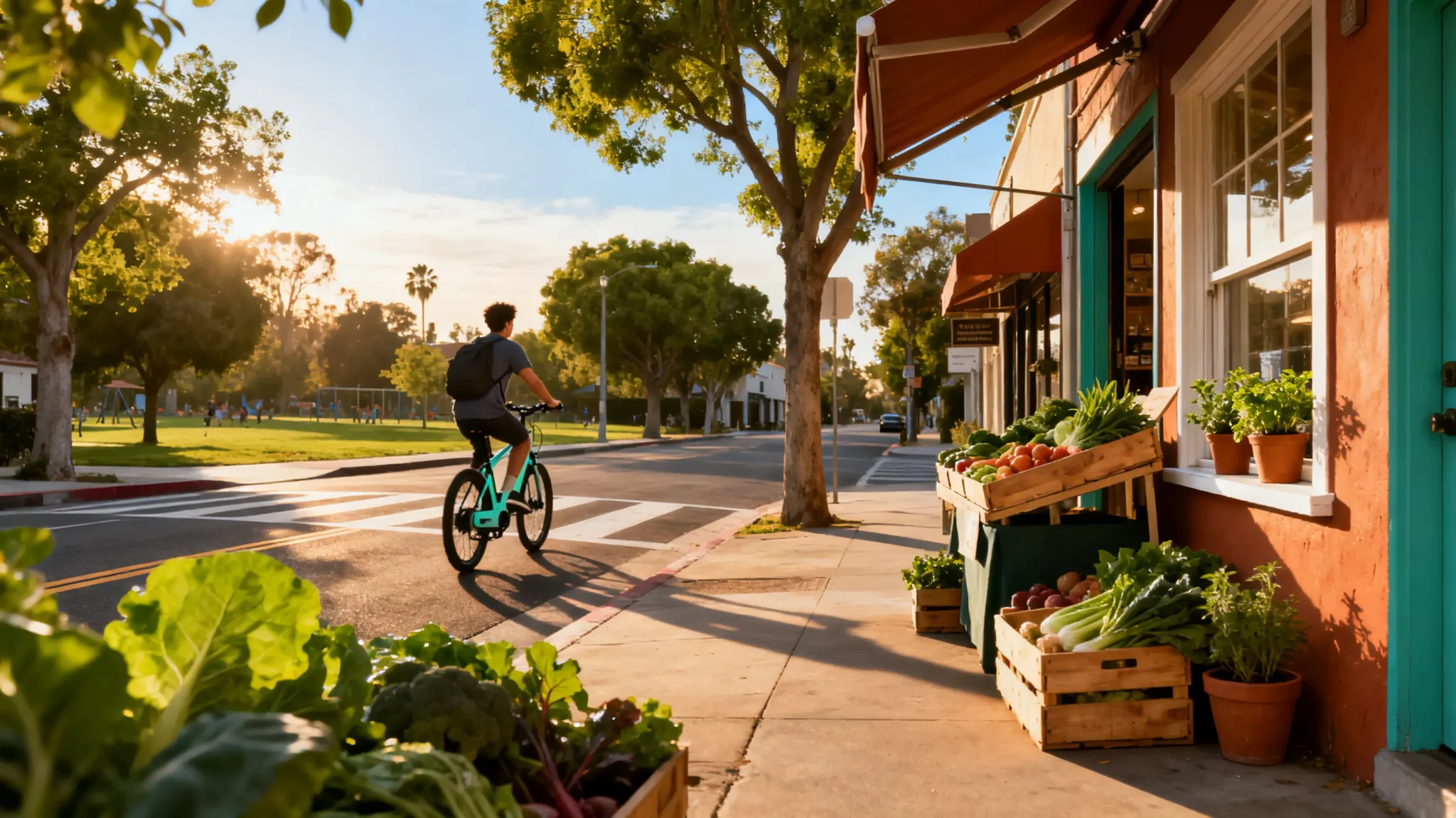 Cyclist riding past outdoor market with fresh produce in wooden crates on sunny street corner
