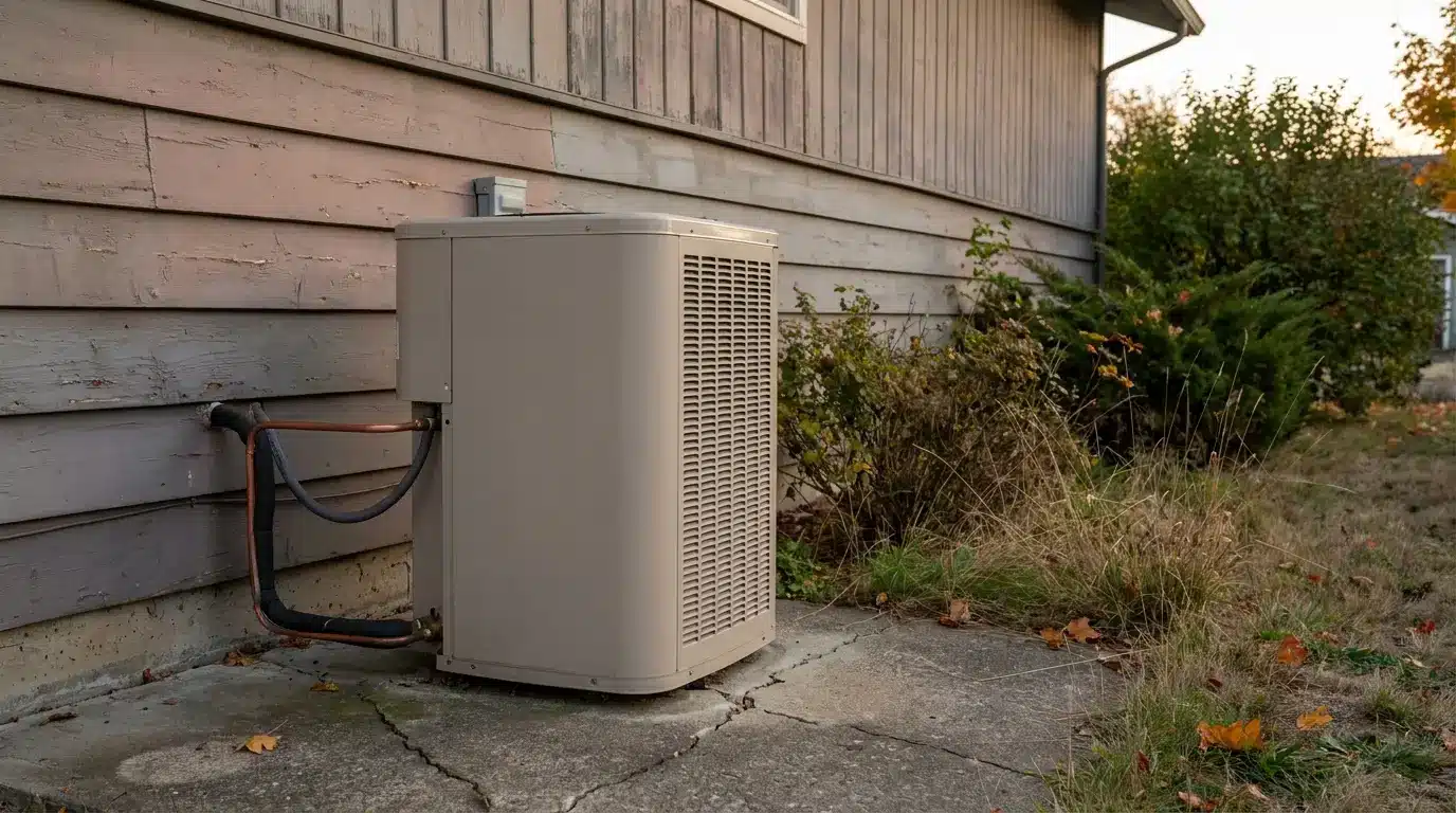 Outdoor HVAC unit next to house with weathered siding and overgrown shrubs in fall setting