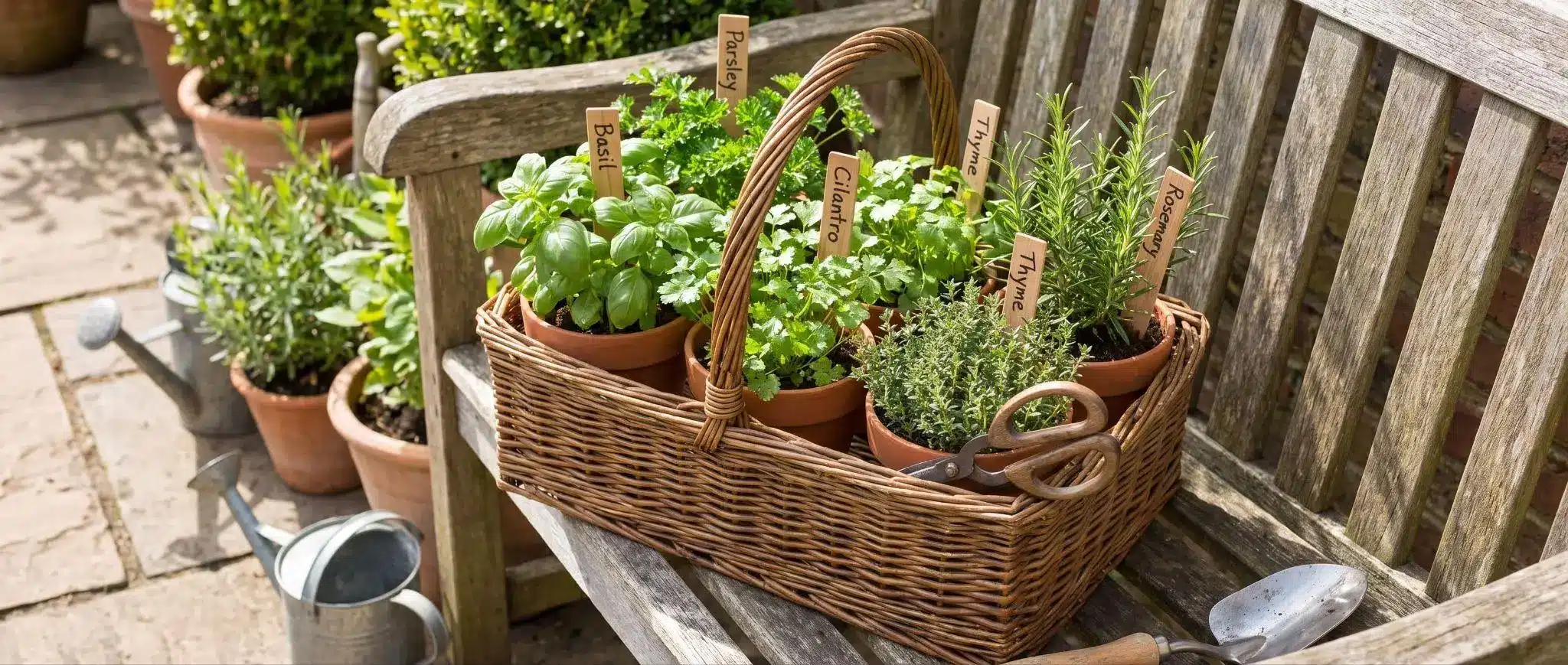 Basket with potted herbs on wooden bench, including basil, parsley, and rosemary