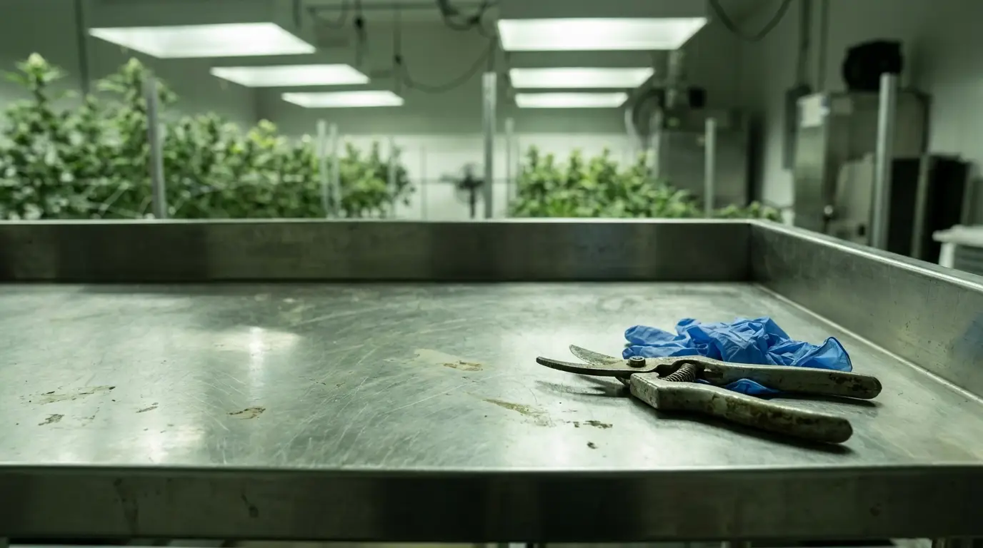 Pruning shears and blue gloves on metal table in greenhouse with plants in background