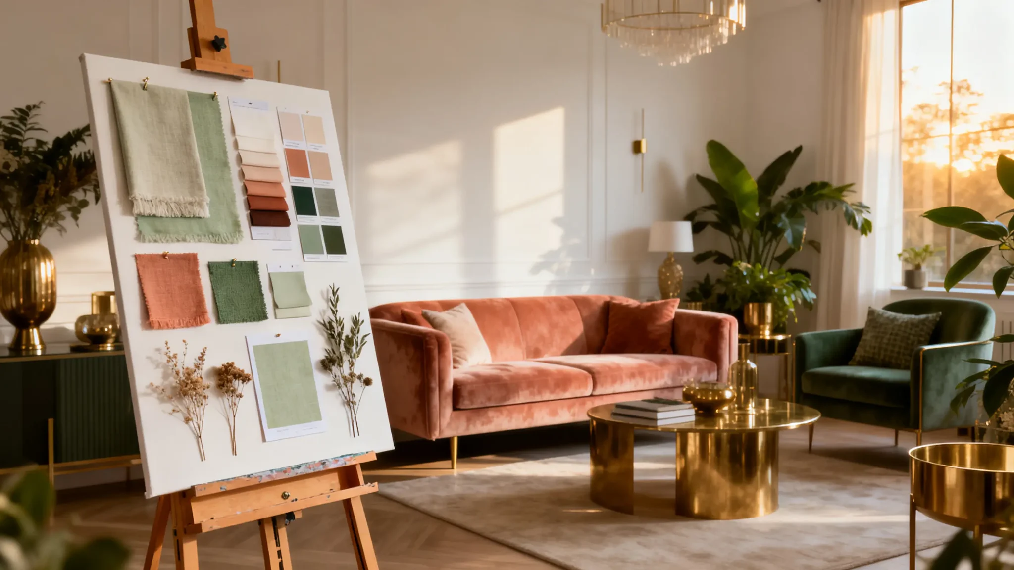 Fabric swatches on easel in elegant living room with velvet sofa and gold decor accents