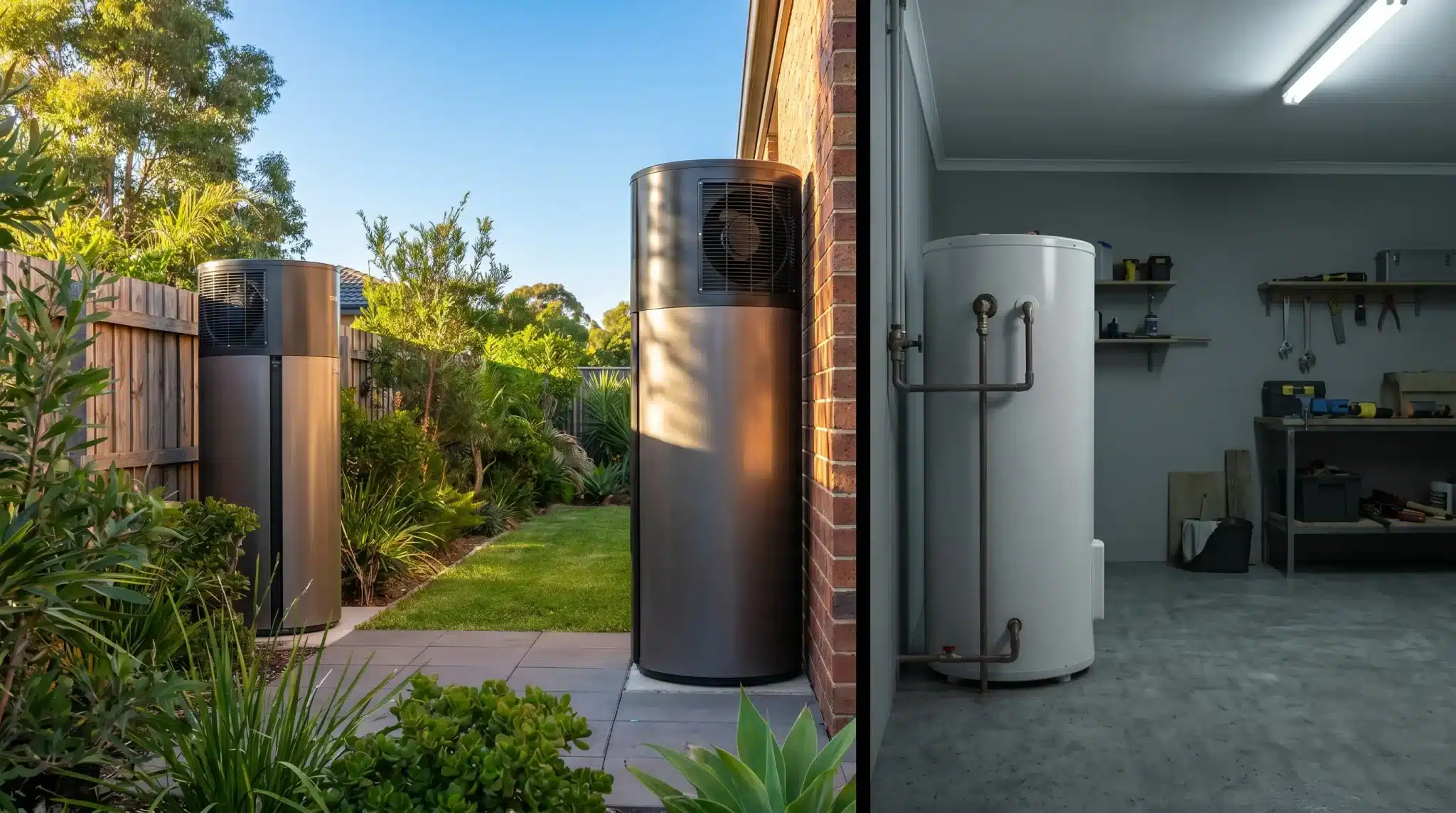 Outdoor heat pump unit in a garden next to a brick wall with greenery