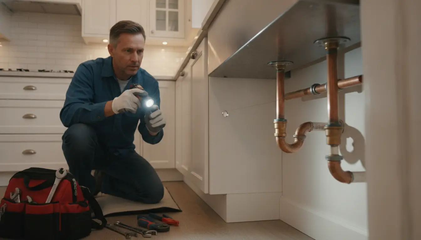 Man inspecting under-sink pipes with flashlight in modern kitchen, tool bag nearby