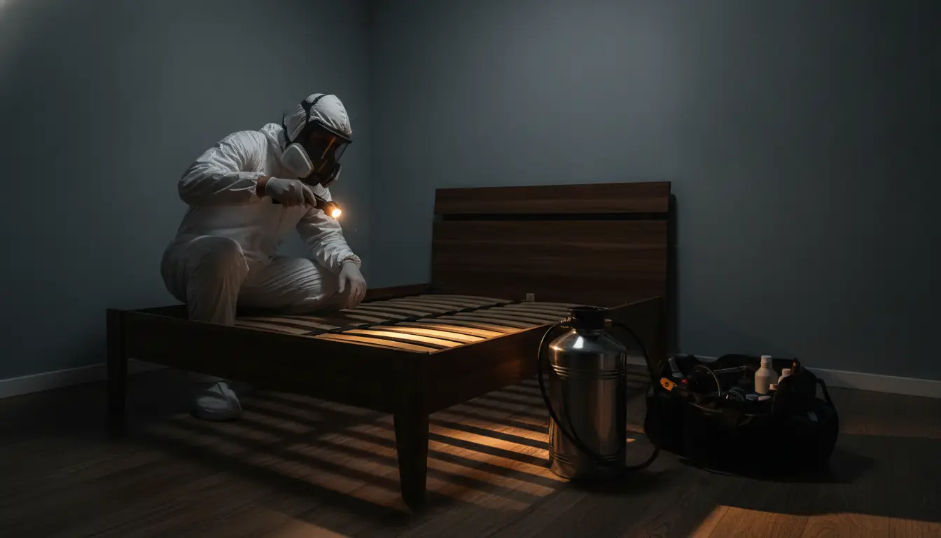 Exterminator in protective gear inspecting wooden bed frame in dimly lit bedroom with equipment bag