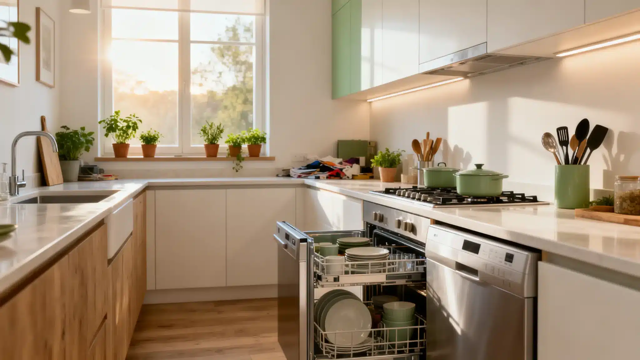 Modern kitchen with open dishwasher, green cookware on stove, sunlight streaming through window
