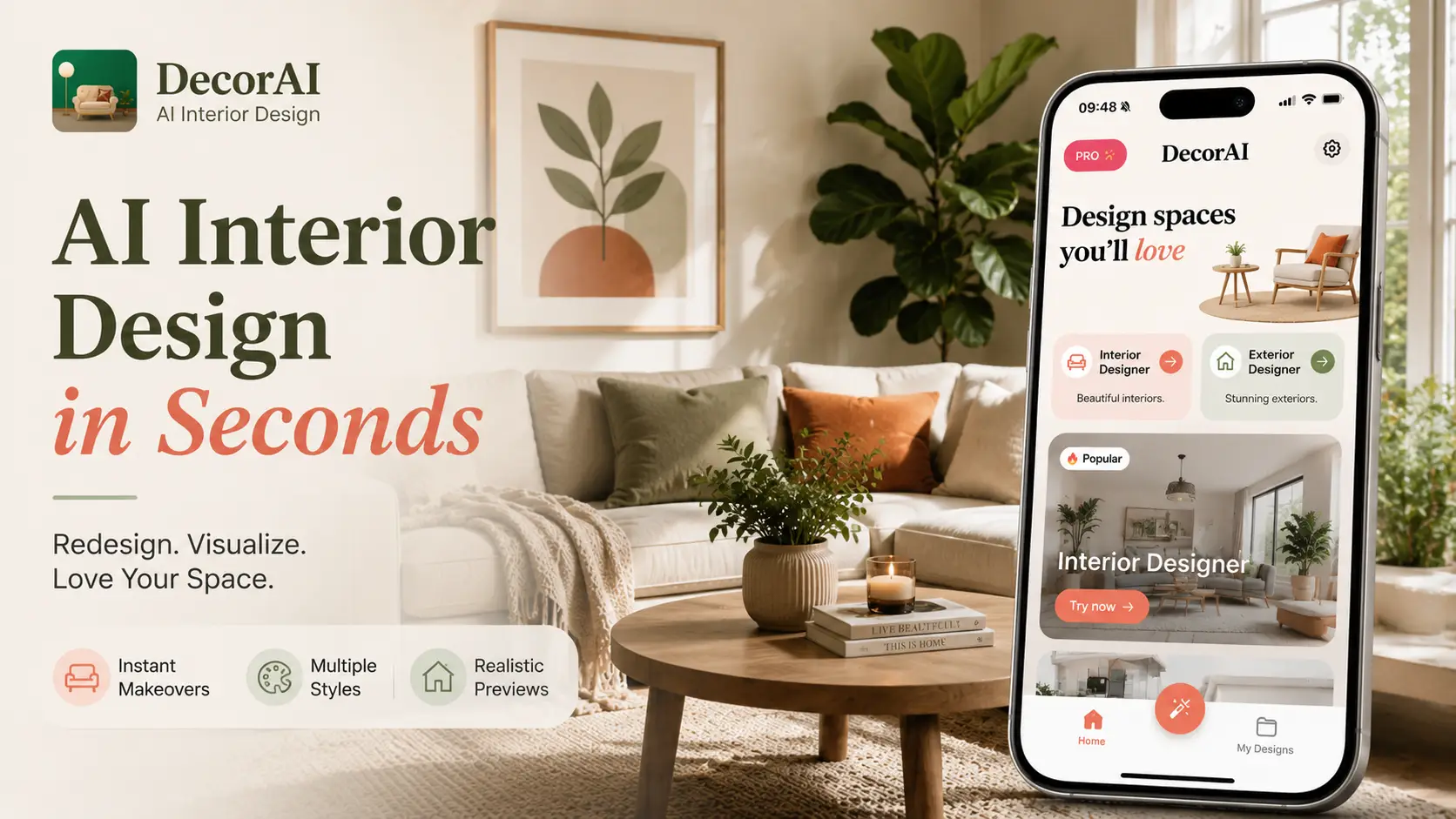 Smartphone displaying DecorAI interior design app interface, placed on wooden coffee table in cozy living room setting