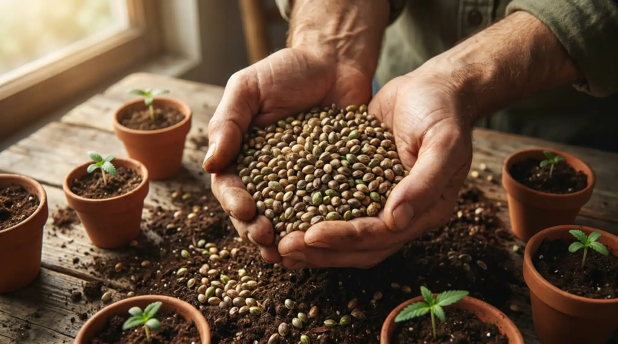 Hands holding hemp seeds over wooden table with potted seedlings and soil scattered around