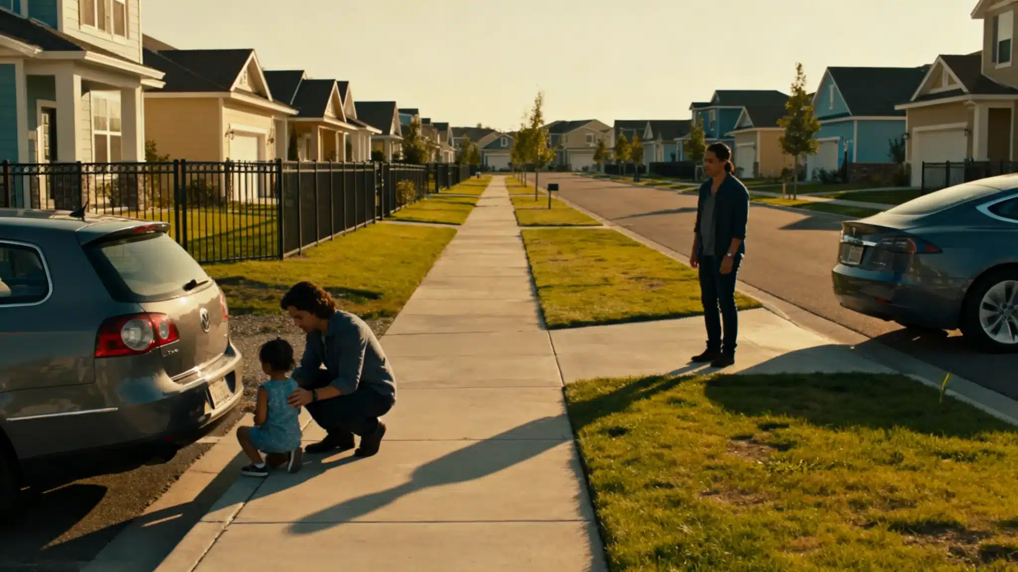 Man kneeling with child beside car on suburban street in afternoon light