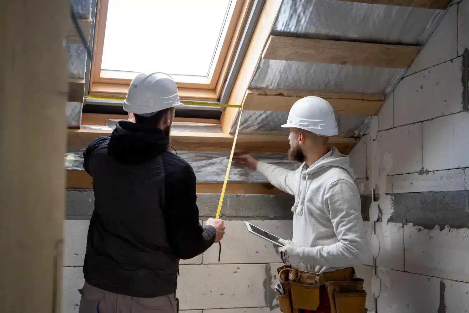 Workers wearing hard hats measuring space under skylight in unfinished room with exposed bricks