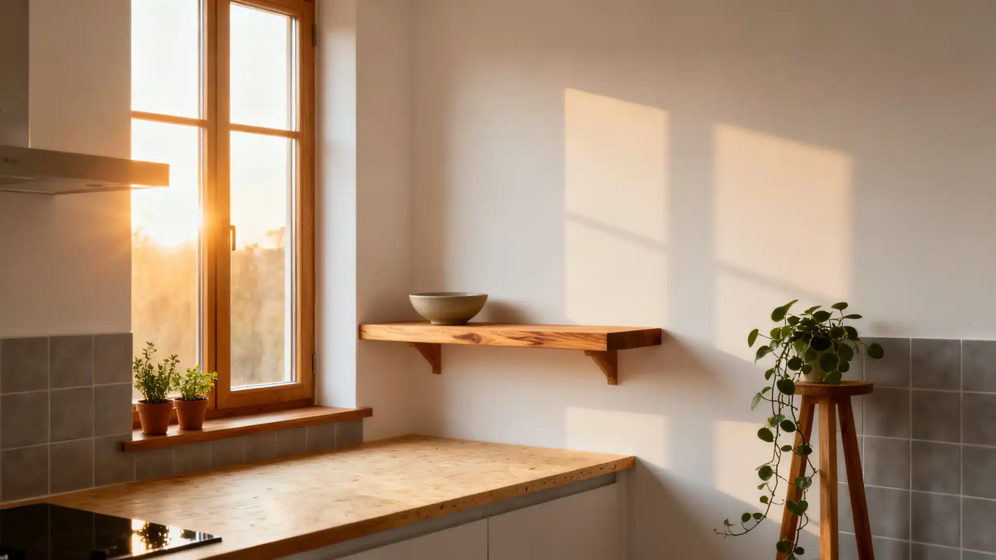 Sunlit kitchen with wooden shelves, potted plants, and gray tiled backsplash