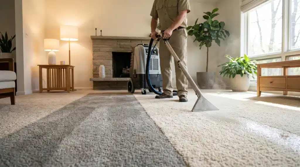 Person steam cleaning carpet in living room with stone fireplace and indoor plants