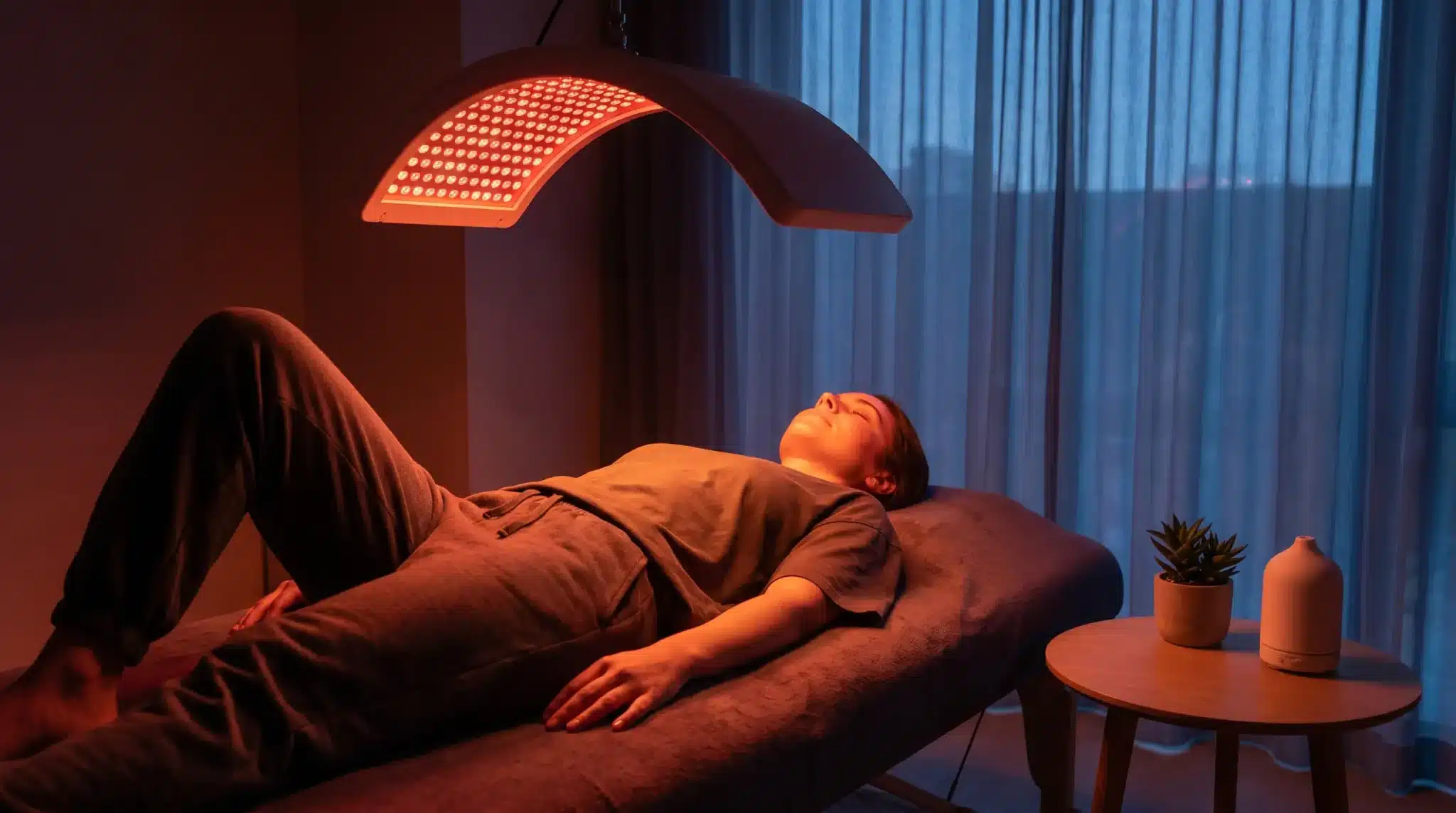 Person receiving red light therapy in dimly lit room with curtain backdrop