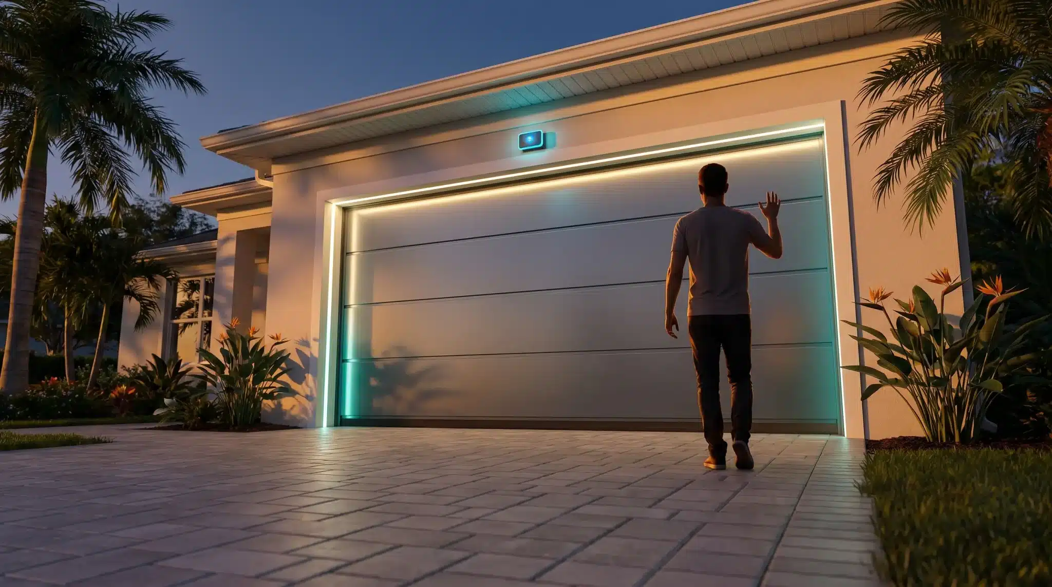 Person approaching illuminated garage door at dusk with tropical plants nearby