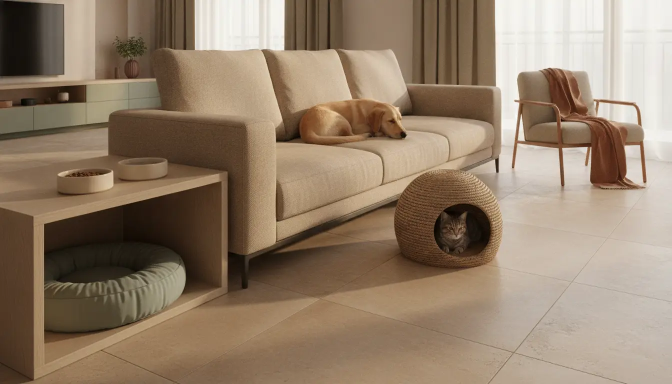 Dog sleeping on beige sofa in cozy living room with cat in woven pet bed