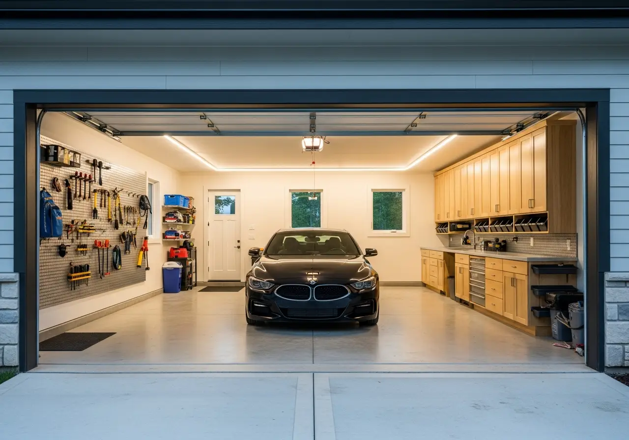Black sedan parked inside organized garage with hanging tools and wooden cabinetry
