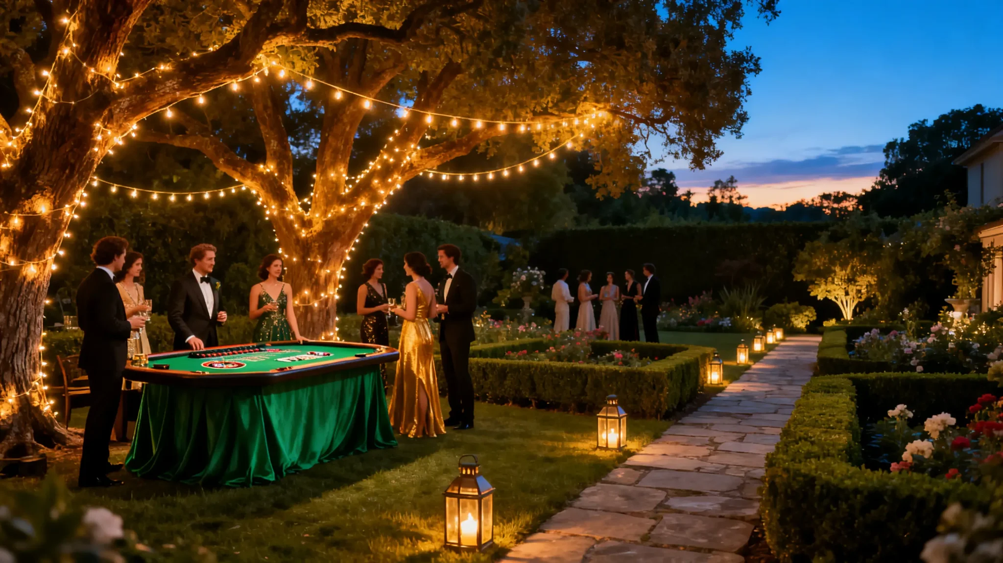 Outdoor evening party with guests in formal attire gathered around a casino table under string lights