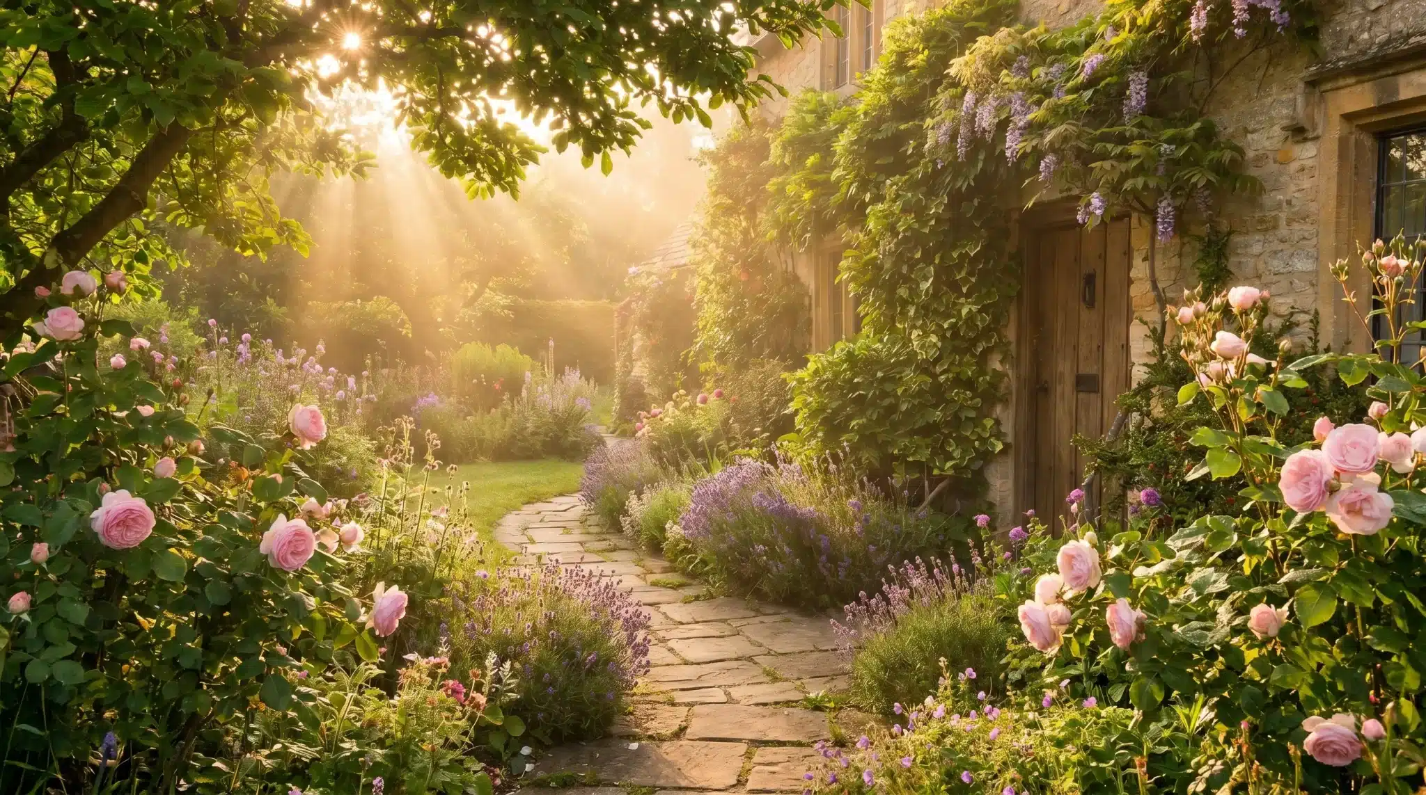 Lush garden path with pink roses and lavender under warm sunlight