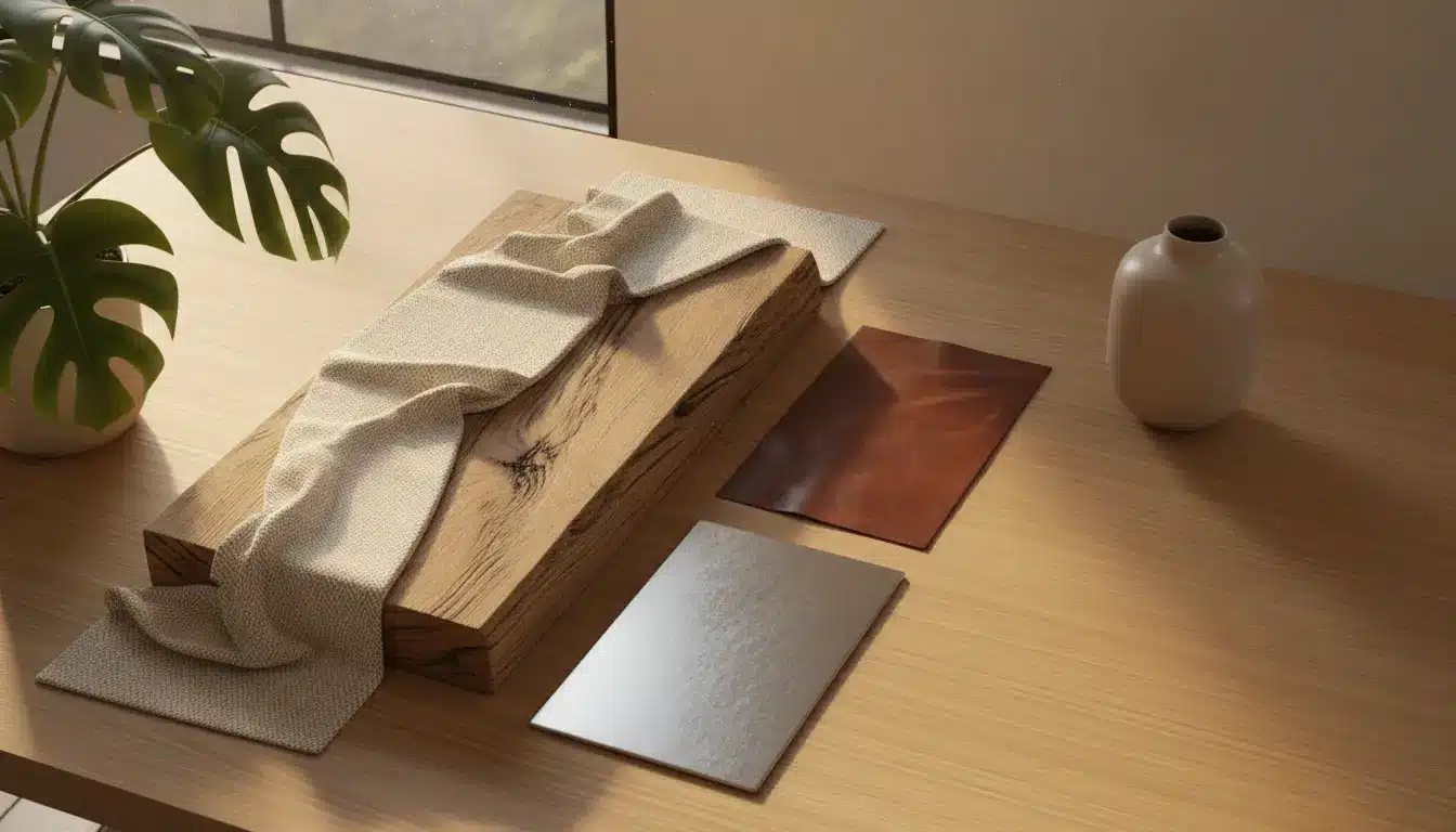 Wooden table with fabric, wooden block, plant, and ceramic vase in natural light