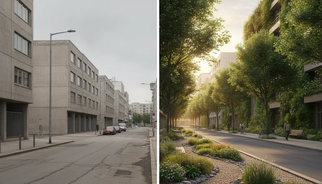 Urban transformation with modern greenery-lined street and enhanced pedestrian pathway