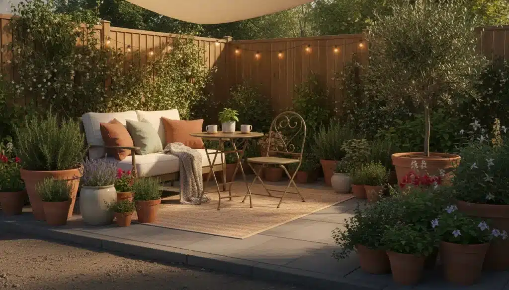 Cozy patio with outdoor furniture surrounded by potted plants and warm string lights