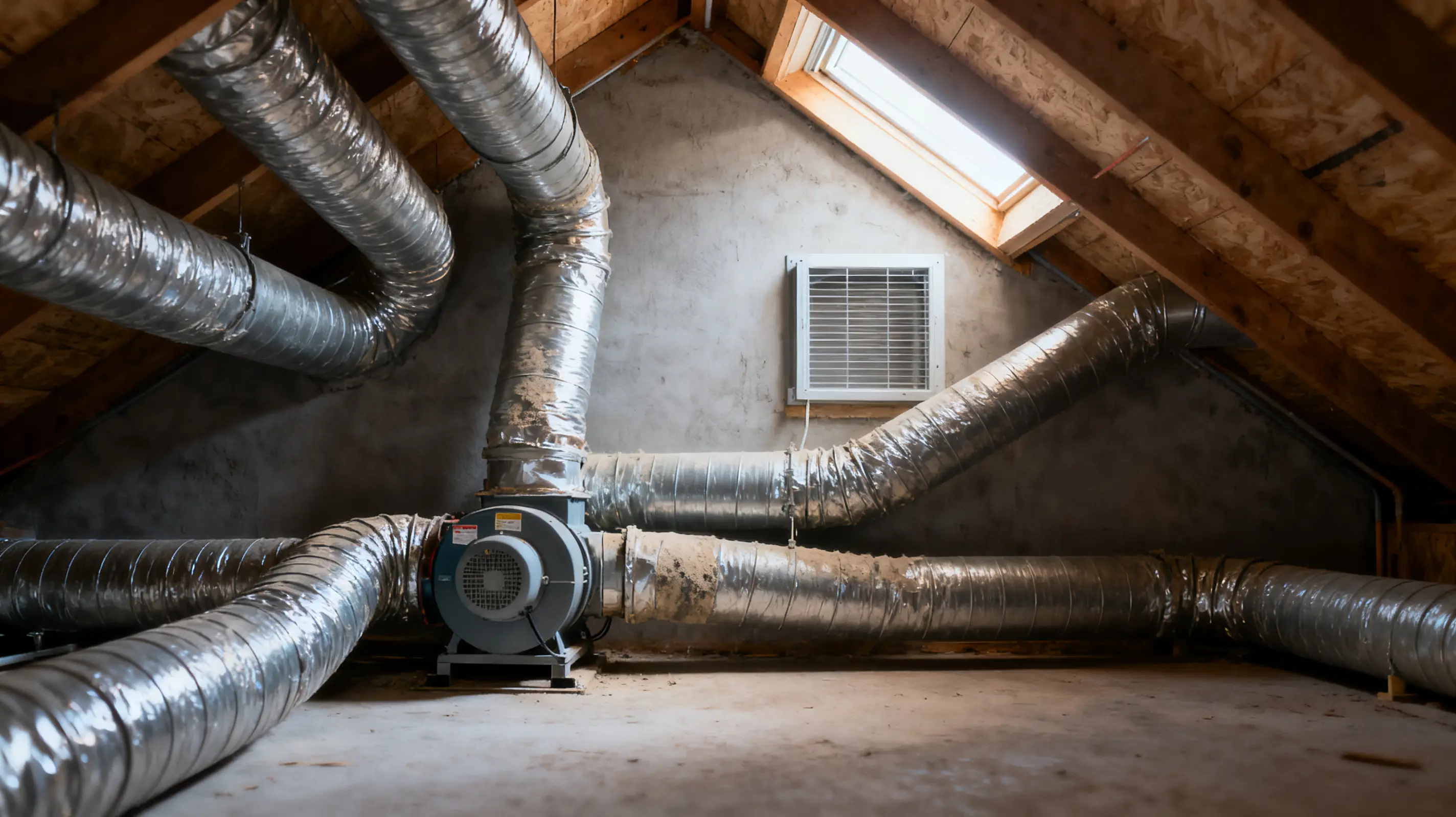 Industrial ventilation system with large ducting in unfinished attic space under skylight