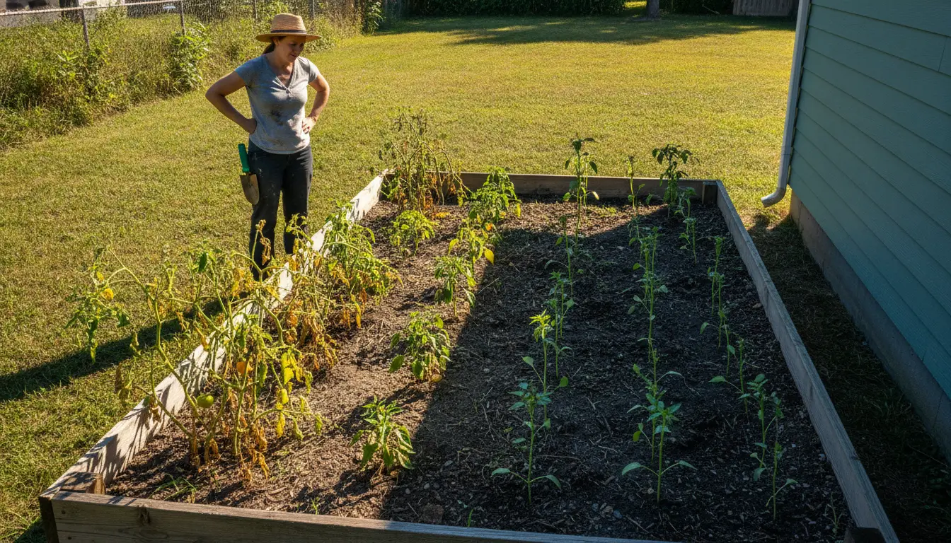 Gardener in straw hat observing raised vegetable bed with tomato plants outdoors