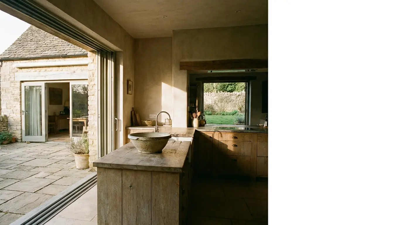 Rustic kitchen with wooden countertops and stone sink, sunlight streaming through open patio doors