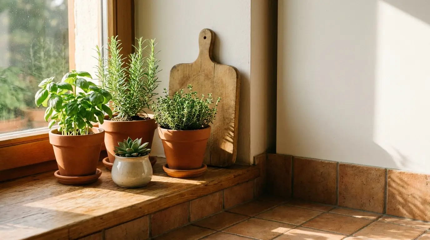 Potted herbs on sunny windowsill with wooden cutting board and tiled floor