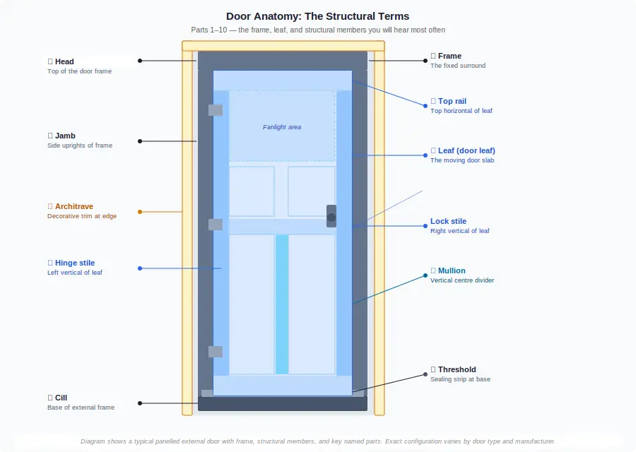 Diagram illustrating labeled parts of a door including frame, architrave, and threshold