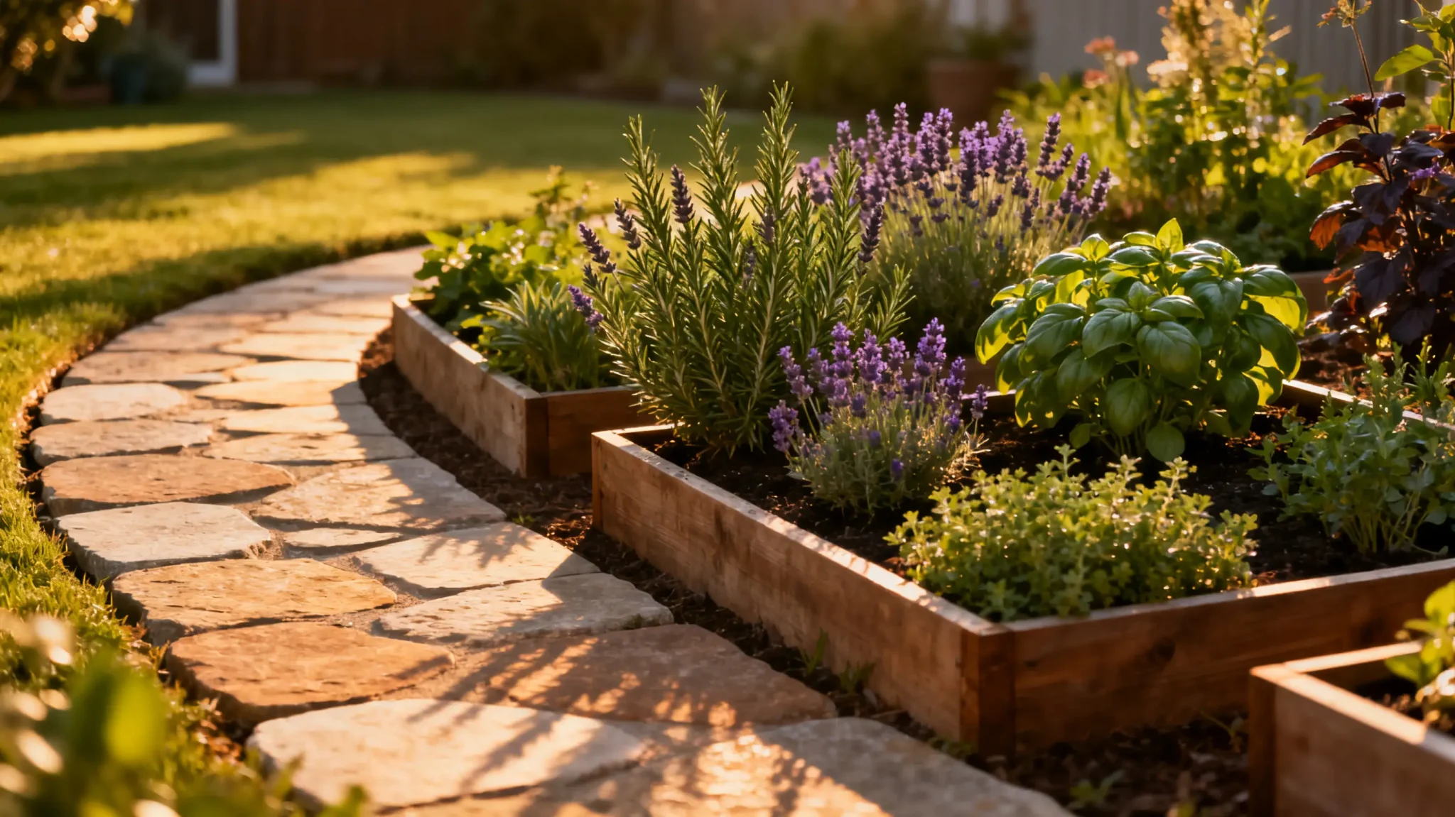 Herb garden with lavender and basil in wooden raised beds along stone path in warm sunlight