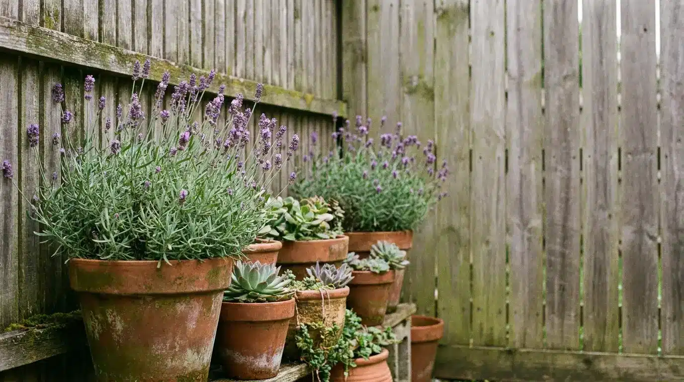 Potted lavender and succulents on wooden bench against rustic fence in outdoor garden setting
