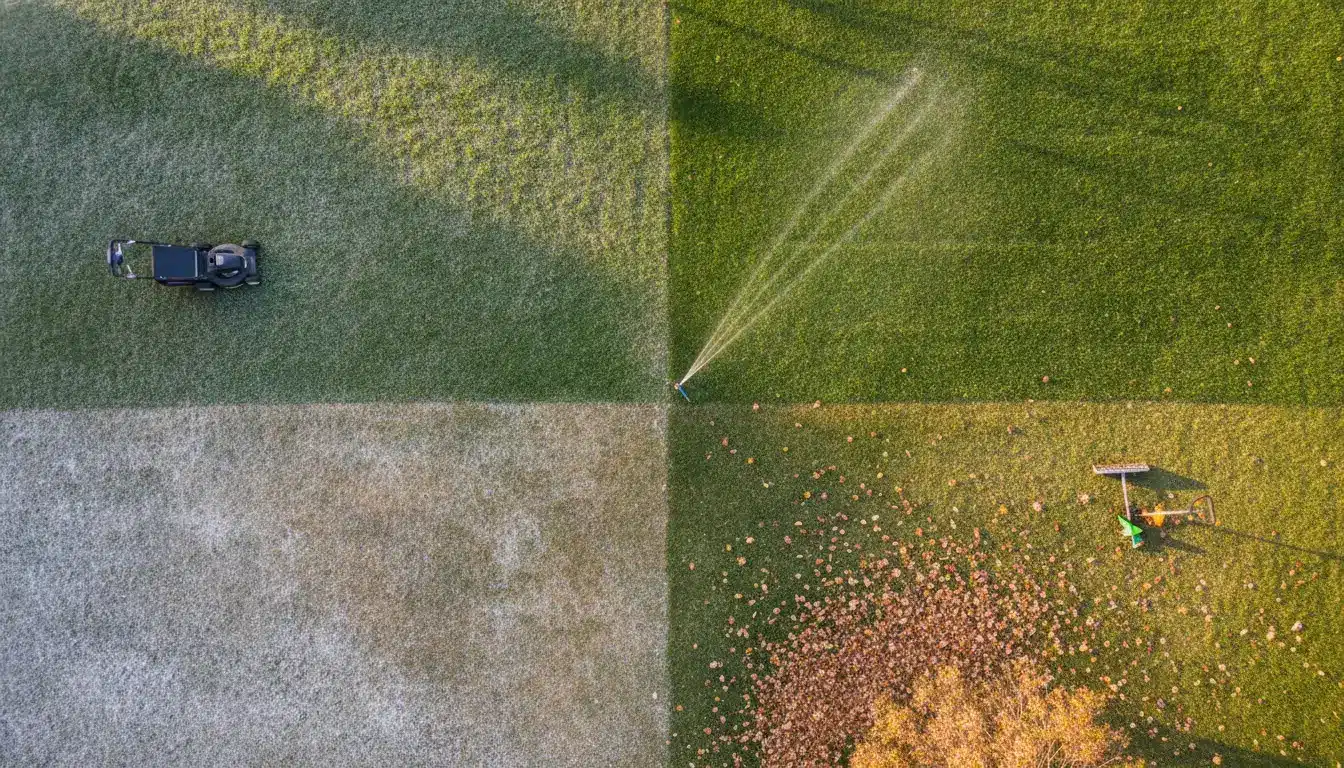 Lawn divided into four quarters with mowing, sprinkler, leaves, and rake visible