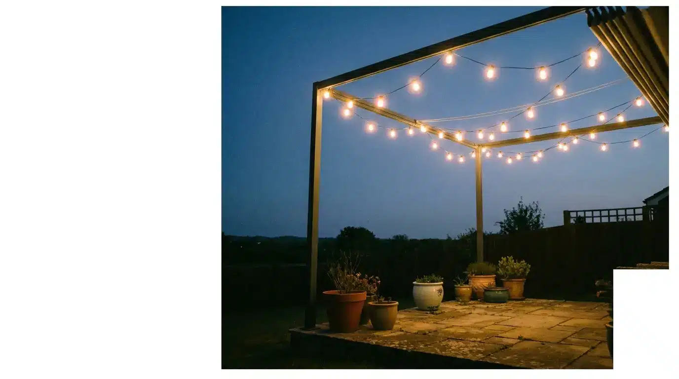 String lights over patio with potted plants at dusk