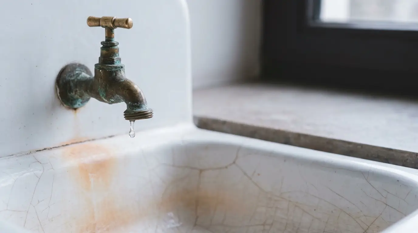 Old brass faucet dripping water into stained porcelain sink