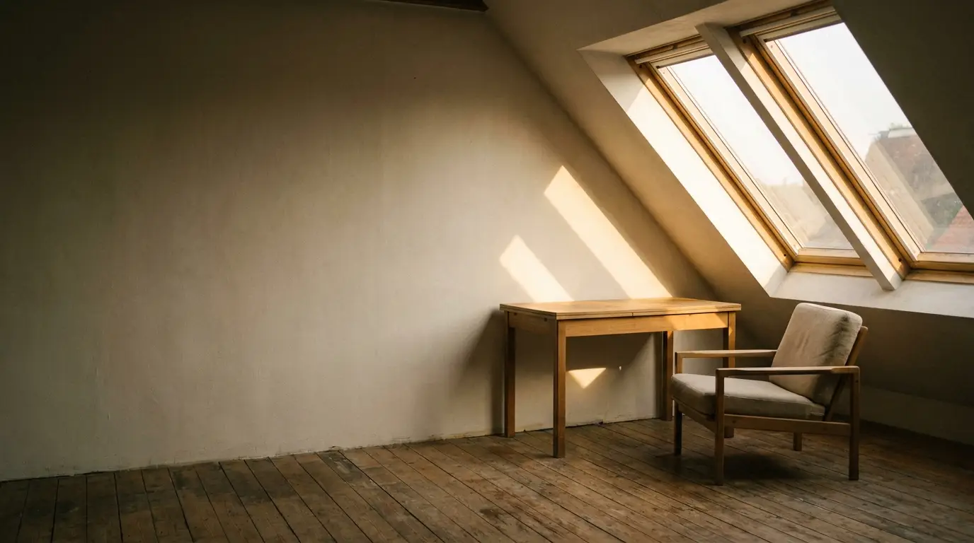 Minimalist attic room with wooden chair and desk under skylight windows, warm natural light