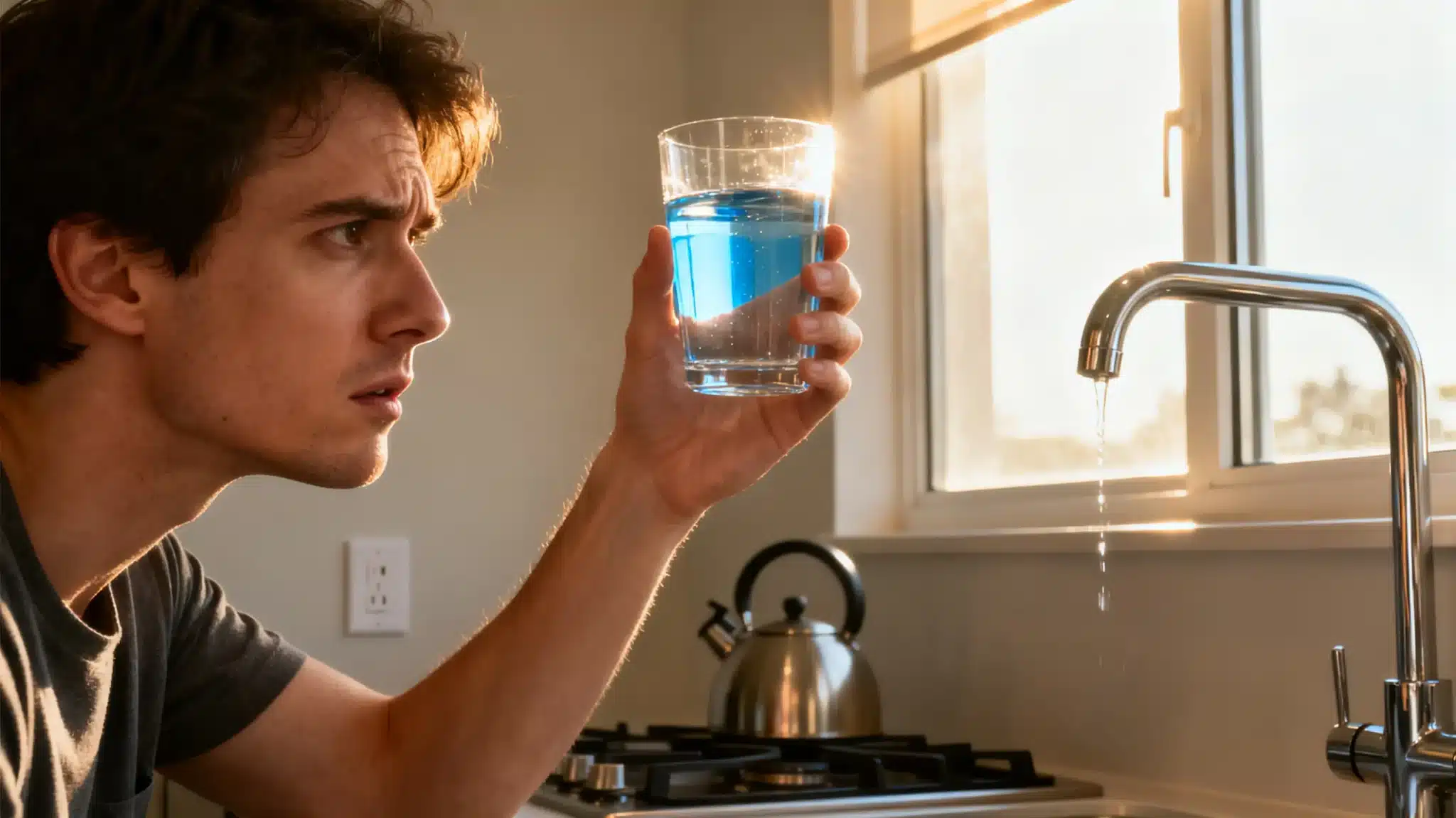 Man inspecting glass of blue water beside kitchen faucet in natural light