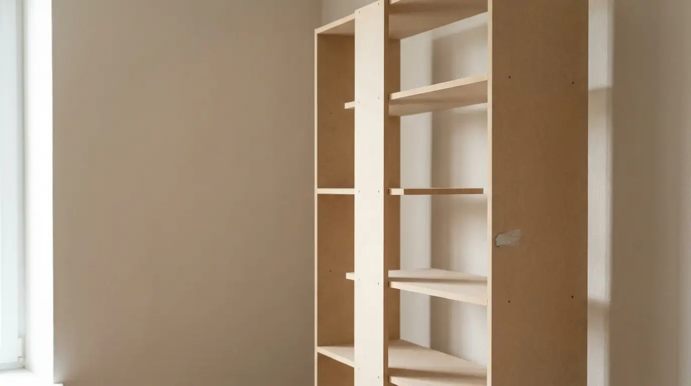 Wooden bookshelf with multiple shelves in an empty room with beige walls