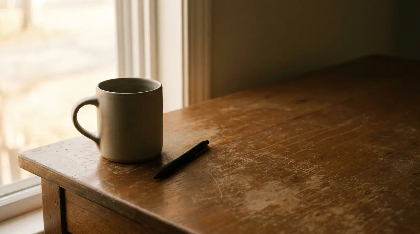 Mug and pen on wooden desk near window with soft natural lighting